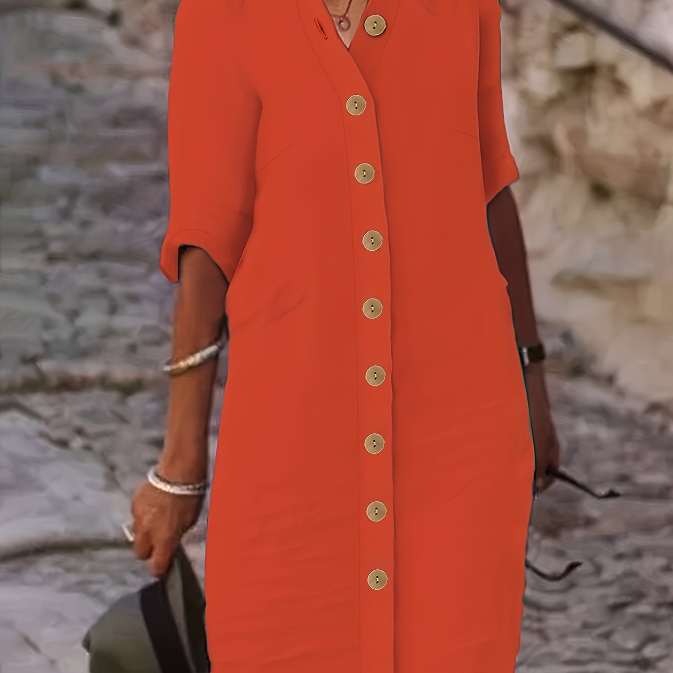 Chic Midi Dress with Button Detail - Womens Half Sleeve Casual Dress - Versatile Day-to-Night Style