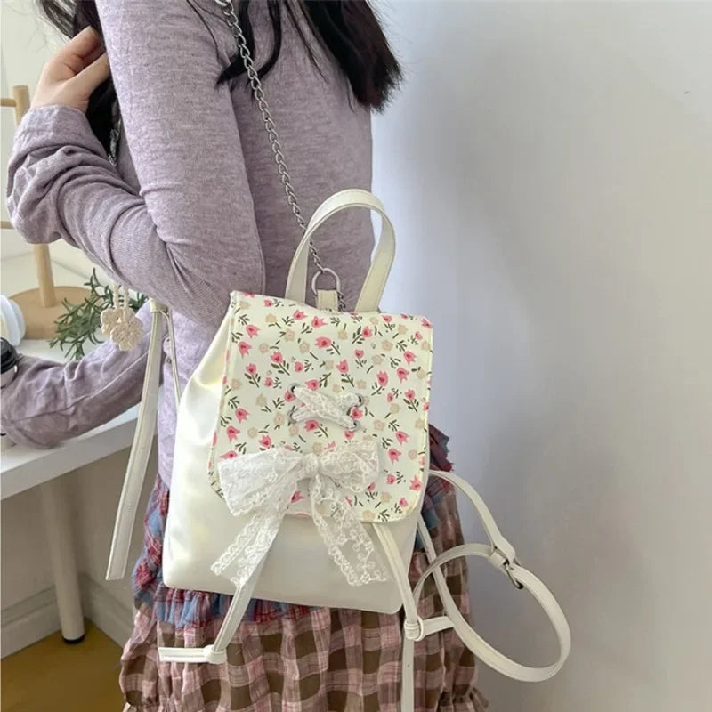 Ingvn  Elegant Fashion Womens Backpack Flower Korean Style Casual Bow Sweet Small Backpack Pu Leather Luxury Female Aesthetic Bags