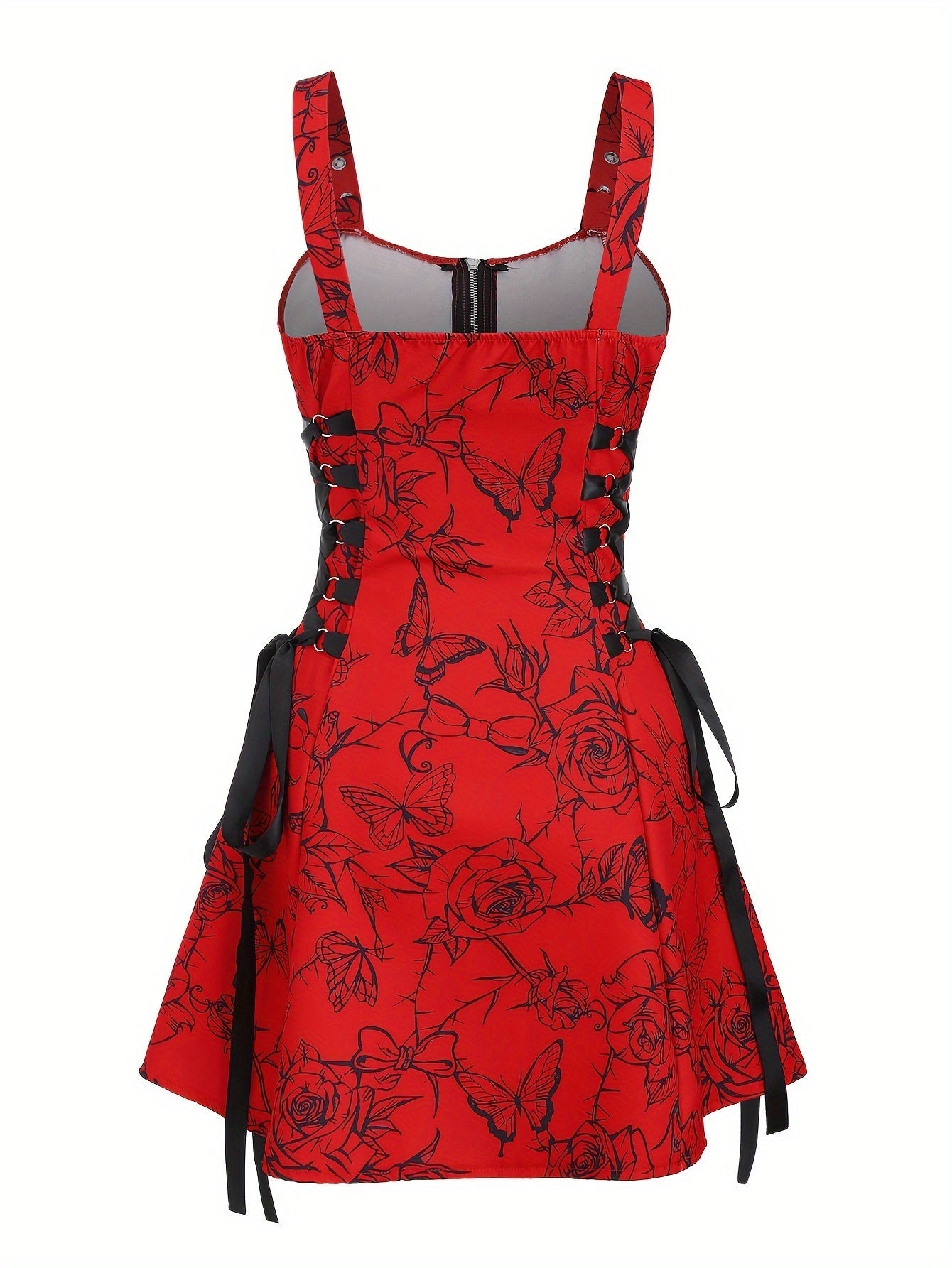 Rose Print Chic Suspender Dress for Women - Off-Shoulder, Non-Stretch Polyester, Machine Washable, Casual, Zip-Up, Comfortable, Versatile, and Easy Care