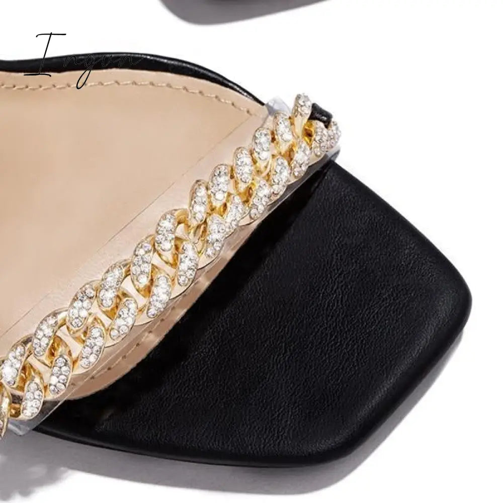 Ingvn - Gold-Tone Chain Embellished Ankle Strap Chunky Heels