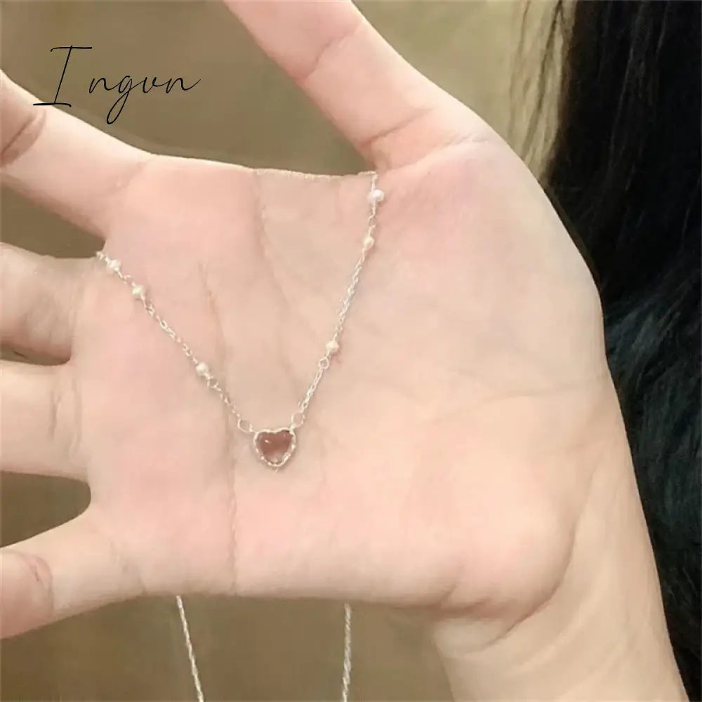 Korean Pink Heart Shape Necklace For Women Fashion Shiny Crystal Pendant Necklace Rhinestone Chain Party Aesthetic Jewelry Gift