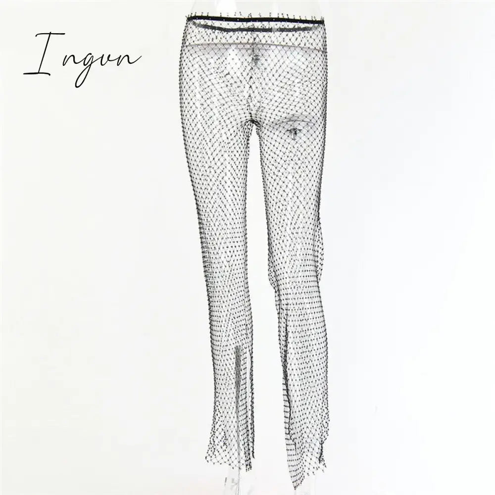Ingvn - New Crystal Diamond Shiny Women Pants Summer Sexy Hollow Out Elastic Fishnet Trousers Fashion See Through Beachwear