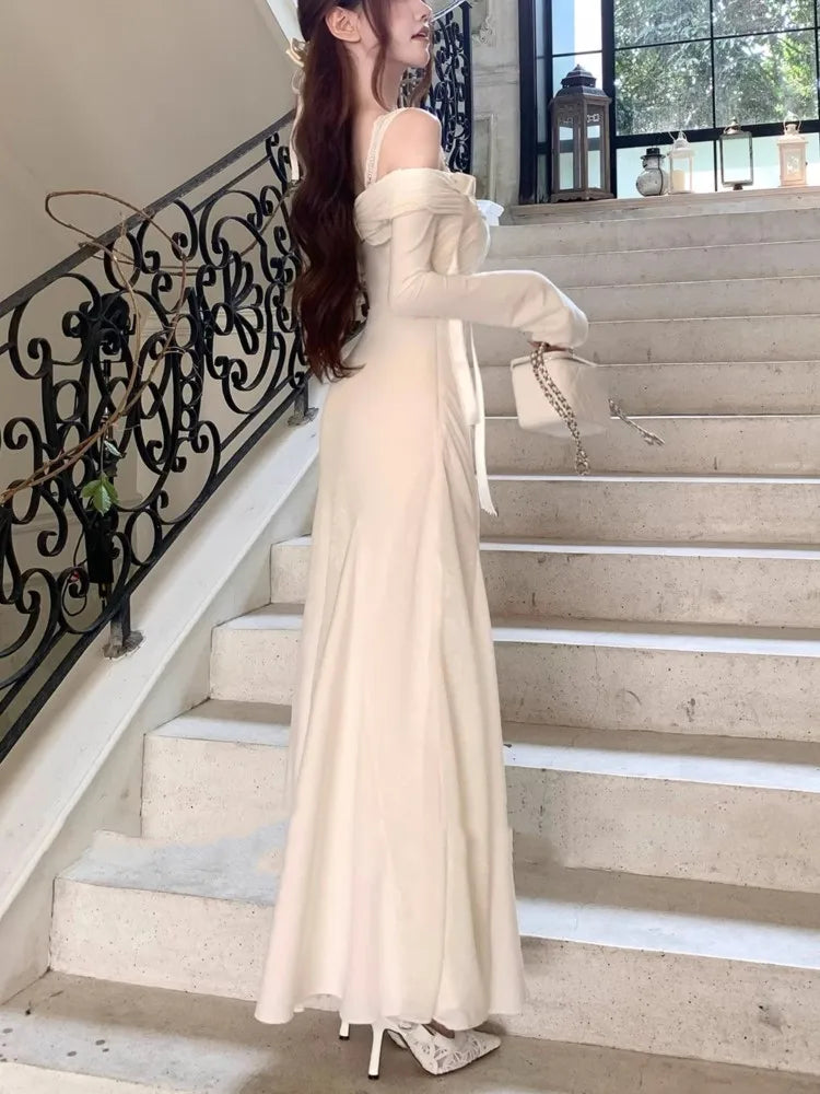 Elegant Solid Wedding Dresses for Women Long Sleeve Off Shoulder A-Line Party Prom Vestidos Female Fashion Long Robe Clothes New