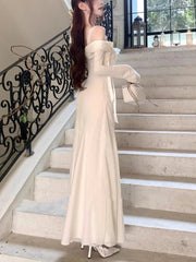 Elegant Solid Wedding Dresses for Women Long Sleeve Off Shoulder A-Line Party Prom Vestidos Female Fashion Long Robe Clothes New