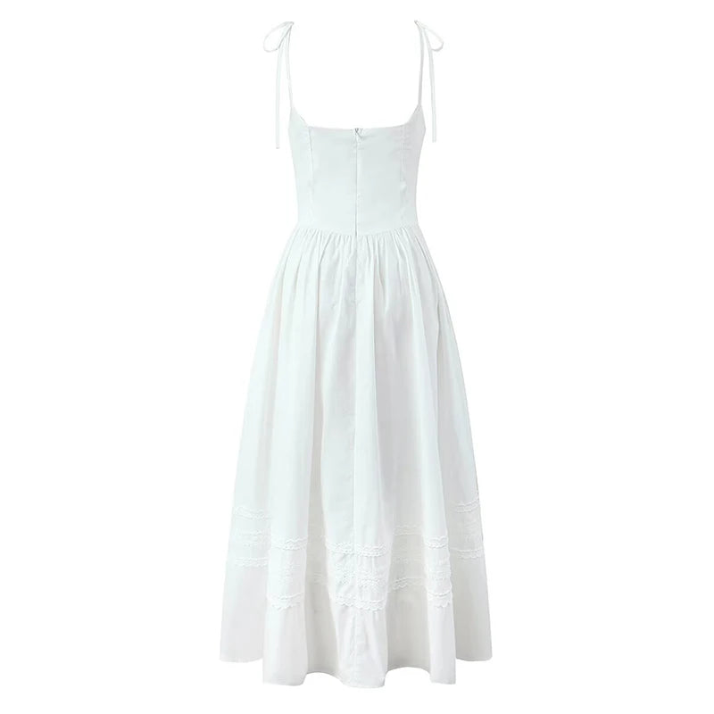 Elegant Women Lace Spliced Sexy Spaghetti Straps Dress Low Waist A-line Midi Long Summer Dresses Casual Party Robe Cotton