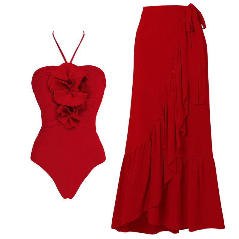 Red Flower One Piece Swimwear With Cover Up Trend Swimsuit 2025 Sexy Biquini Luxury Woman Swimsuit Beach Outing Bodysuit Bathsui