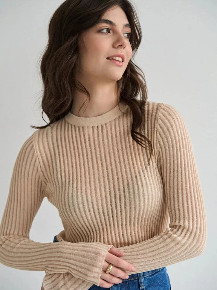 Ingvn  Fashion White Elegant Striped See Through Women Tops Outfits Long Sleeve T-Shirts Tees Skinny Club Party Clothes
