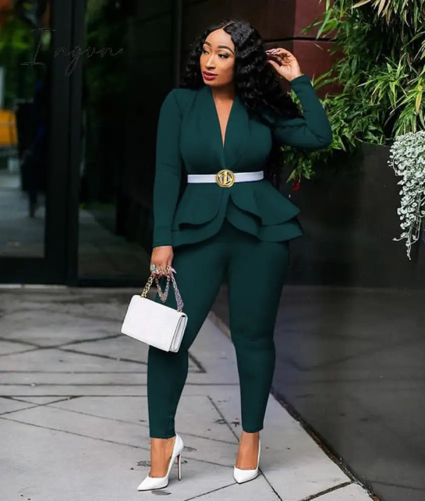 Ingvn - New Women Winter Women's Set Tracksuit Full Sleeve Ruffles Blazers Pencil Pants Suit Two Piece Set Office Lady Outfits Uniform
