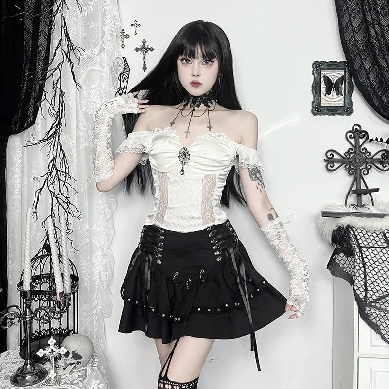 Gothic Bride Off-Shoulder Strap Cropped Top for Women Vintage Style Elegant Spicy Girls Versatile T-Shirt.