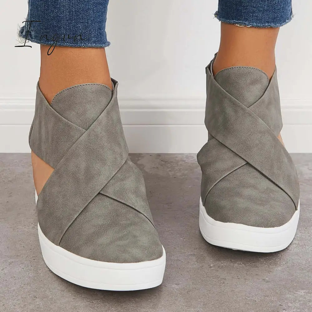 Ingvn - Casual Wedge Sneakers Platform Crisscross Cut Out Shoes