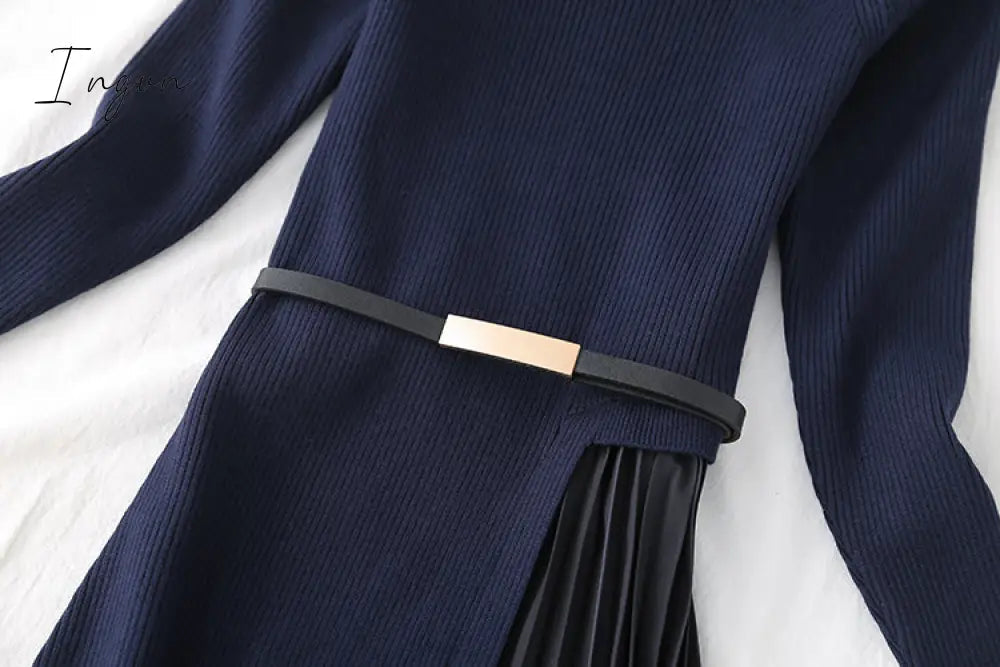 Ingvn - Autumn Winter Elegant Knitted Patchwork Gradient Pink Pleated Dress Women Long Sleeve Office One-Piece Sweater Dress With Belt