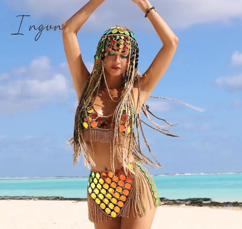 Ingvn - Trends Fashion Gradient Color Shiny Sequins Dots Two Piece Set Low Cut Backless Sleeveless Crop Tops Tassel Mini Skirt Sexy Beach Outfits