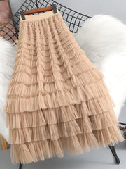 Summer Elegant Women Tulle Skirt Korean Fashion Mesh A Line Ladies Cake Skirt High Waist Loose Party Female Skirts New