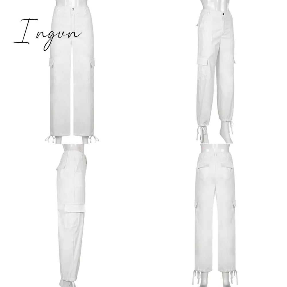 Ingvn - Button Pockets Patchwork Cargo Pants Women Streetwear High Waist Trousers Women Fashion Pencil Pants Joggers Women
