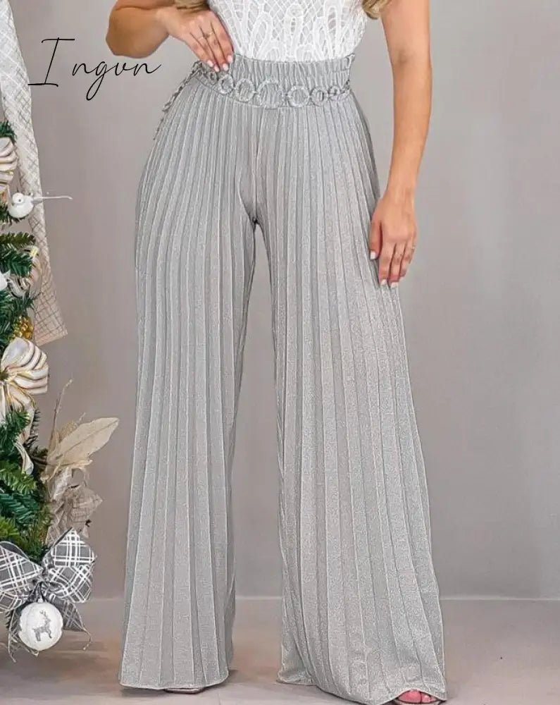 Ingvn - Casual High Waist Pleated Wide Leg Pants Plain Spring & Summer Fashion Elegant Women's Trousers Daily Lady Pants