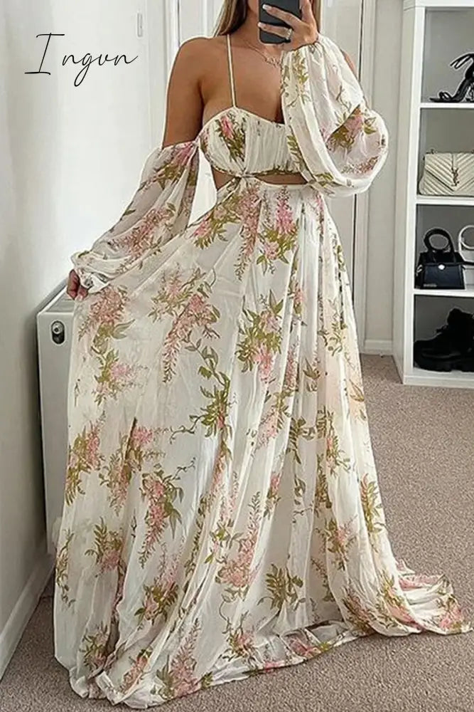 Ingvn - Elegant Floral Frenulum Backless V Neck Printed Dress Dresses