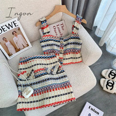 Ingvn - 2023 Summer Elegant Sexy Tweed Stripe 2 Piece Set Women Short Vest Crop Top + A-line Skirt Vintage Two Piece Skirt Set Outfits