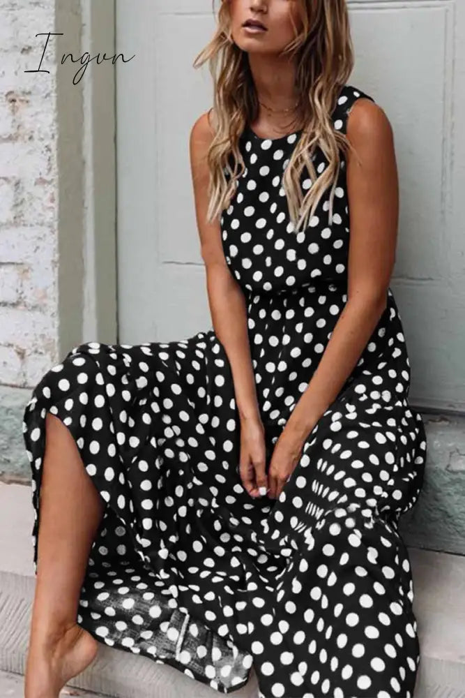 Ingvn - Polka Dot Round Neck Dress（5 colors）