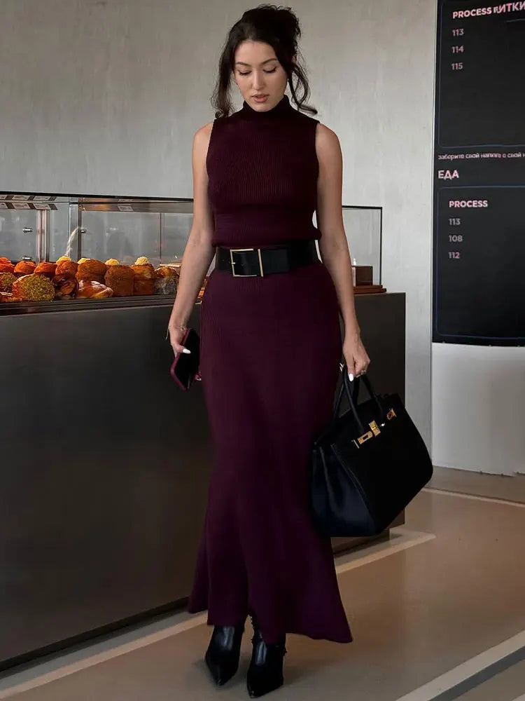 Elegant Knitwear 2 Piece-Set Long Dress Female Ribbed Sweater Pullover And Loose Patchwork Maxi Skirt Sets Ladies Outfits