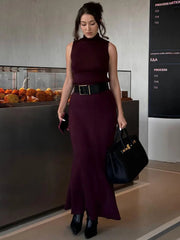 Elegant Knitwear 2 Piece-Set Long Dress Female Ribbed Sweater Pullover And Loose Patchwork Maxi Skirt Sets Ladies Outfits