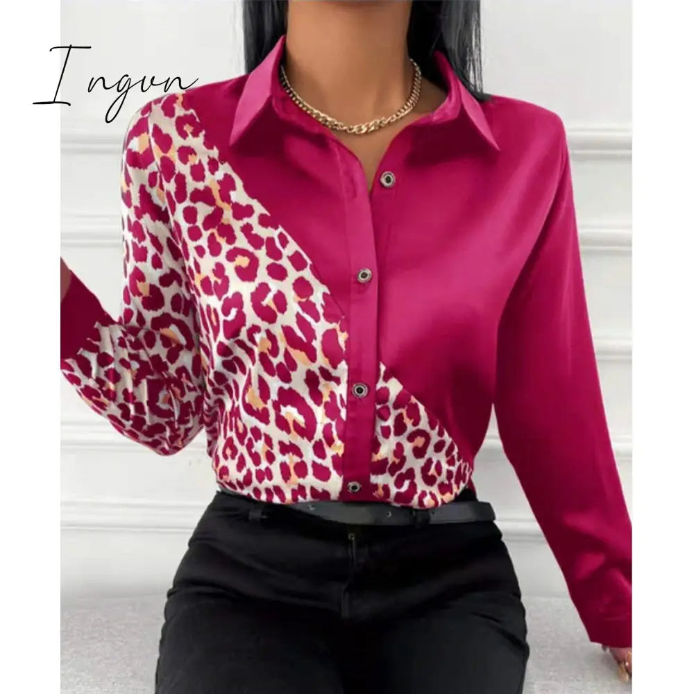 Ingvn - Women Long Sleeve Shirts Autumn New Elegant Satin Blouses Tops Office Leopard Print Patchwork Shirt Ladies Casual Lapel Top