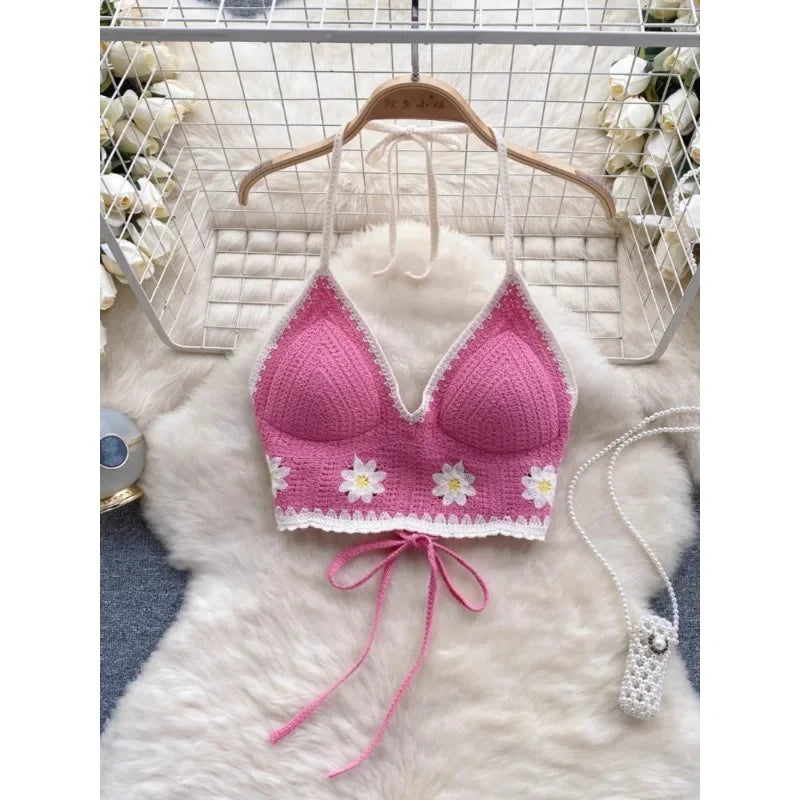 Vacation Style Camis Vest Women Patchwork Sweet Hook Flower Sexy Backless Suspender Camisole Hanging Neck Outwear Crop Tops