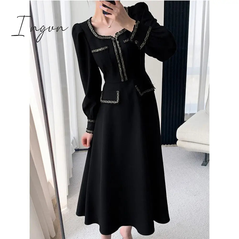 Ingvn - Elegant Women Dress Vintage Long Sleeve Black Y2K New Korean Fashion Casual Office Ladies High Quality Autumn Midi Female Dress