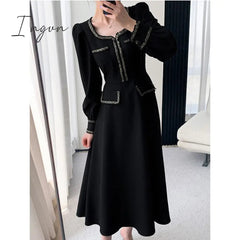 Ingvn - Elegant Women Dress Vintage Long Sleeve Black Y2K New Korean Fashion Casual Office Ladies High Quality Autumn Midi Female Dress