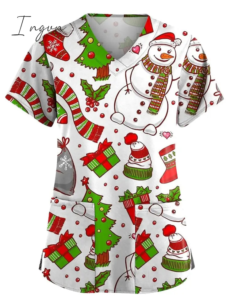 Ingvn - Christmas Scrub Tops Women Christmas Printing Short Sleeve V-Neck Working Uniform with Pocket Pullover Red 3X-Large