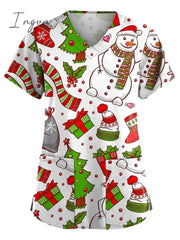 Ingvn - Christmas Scrub Tops Women Christmas Printing Short Sleeve V-Neck Working Uniform with Pocket Pullover Red 3X-Large