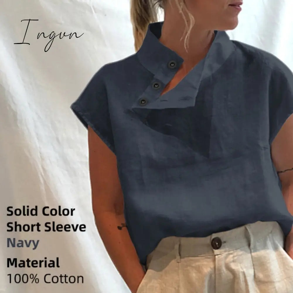 Ingvn - New Stylish Tunic Tops Plus Size Women Short Sleeve Summer Blouses Buttons Solid Cotton Linen Tops Casual Loose Blusas Femme