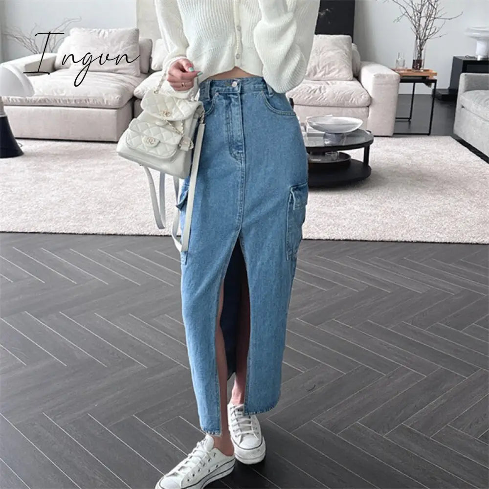 Ingvn - Cargo Jeans Skirt for Women High Waisted Side Pockets Split Fashion Midi Skirt Vintage Casual Streetwear Y2k Skirts