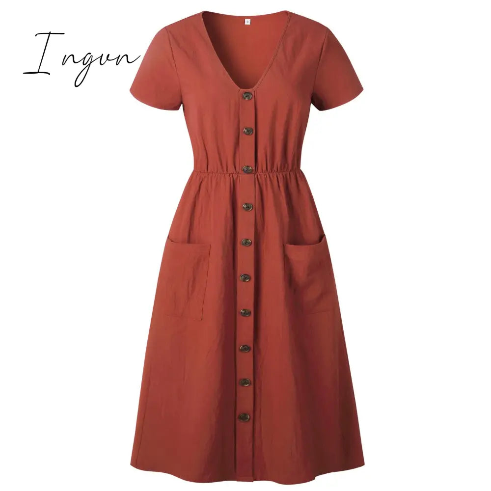 Ingvn - Cotton Linen Women Summer Dress Casual V-neck Button Pocket Short Sleeve A-line Midi Dresses For Women Vestidos