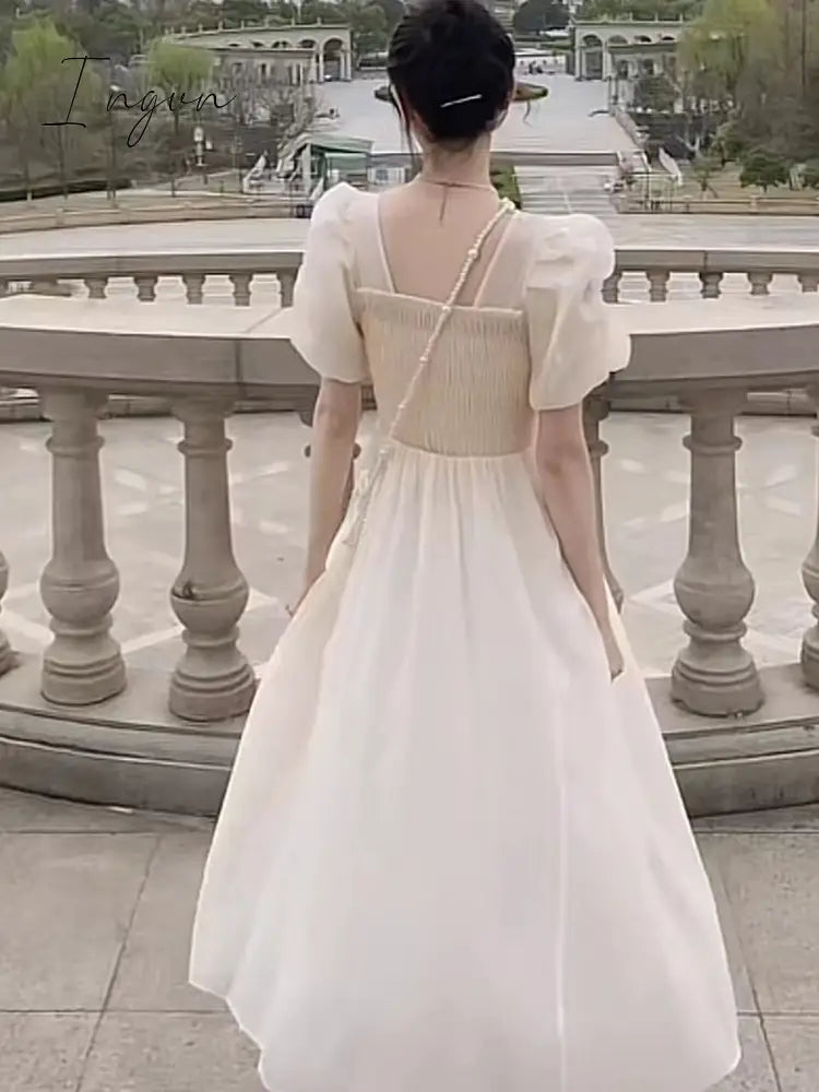 Ingvn - Elegant Dress for Women Ruffles Square Collar Short Sleeve French Style High Waisted A Line Party Midi White Dresses
