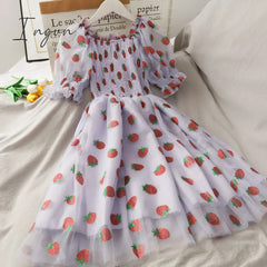 Ingvn - Strawberry Dress Women French Style Lace Chiffon Sweet Dress Casual Puff Sleeve Elegant Printed Kawaii Dress Women New
