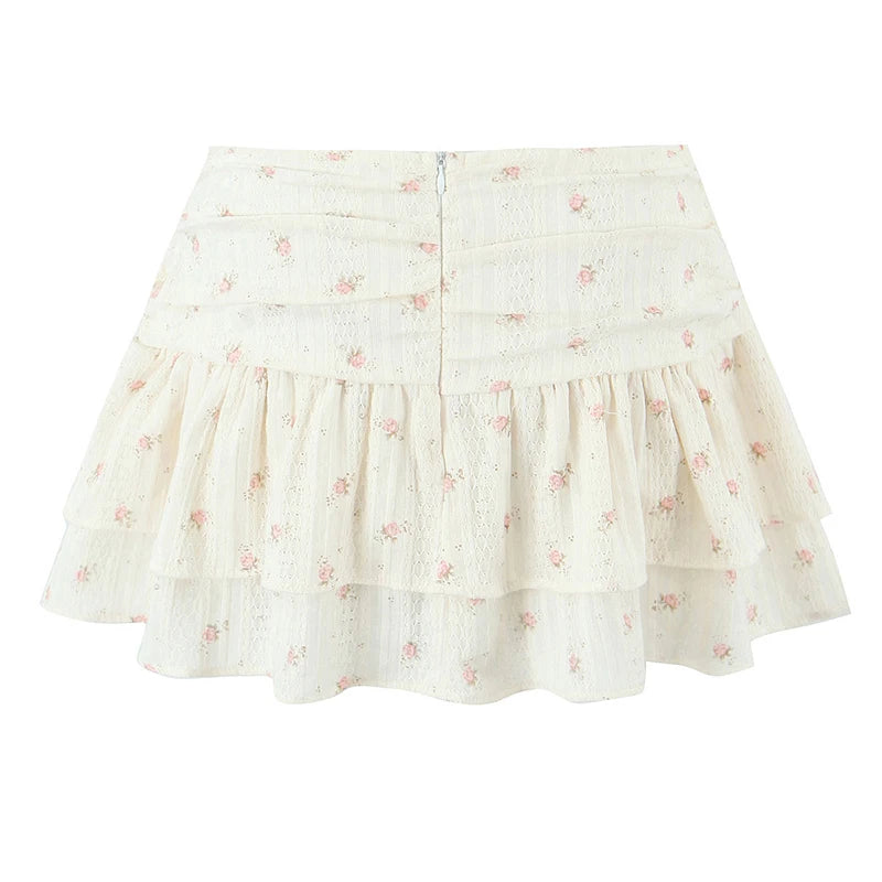 Sweet Girl Floral Print Layer Cake Mini Skirt Women Pleated Sexy Low Waist A-line Holiday Summer Skirts