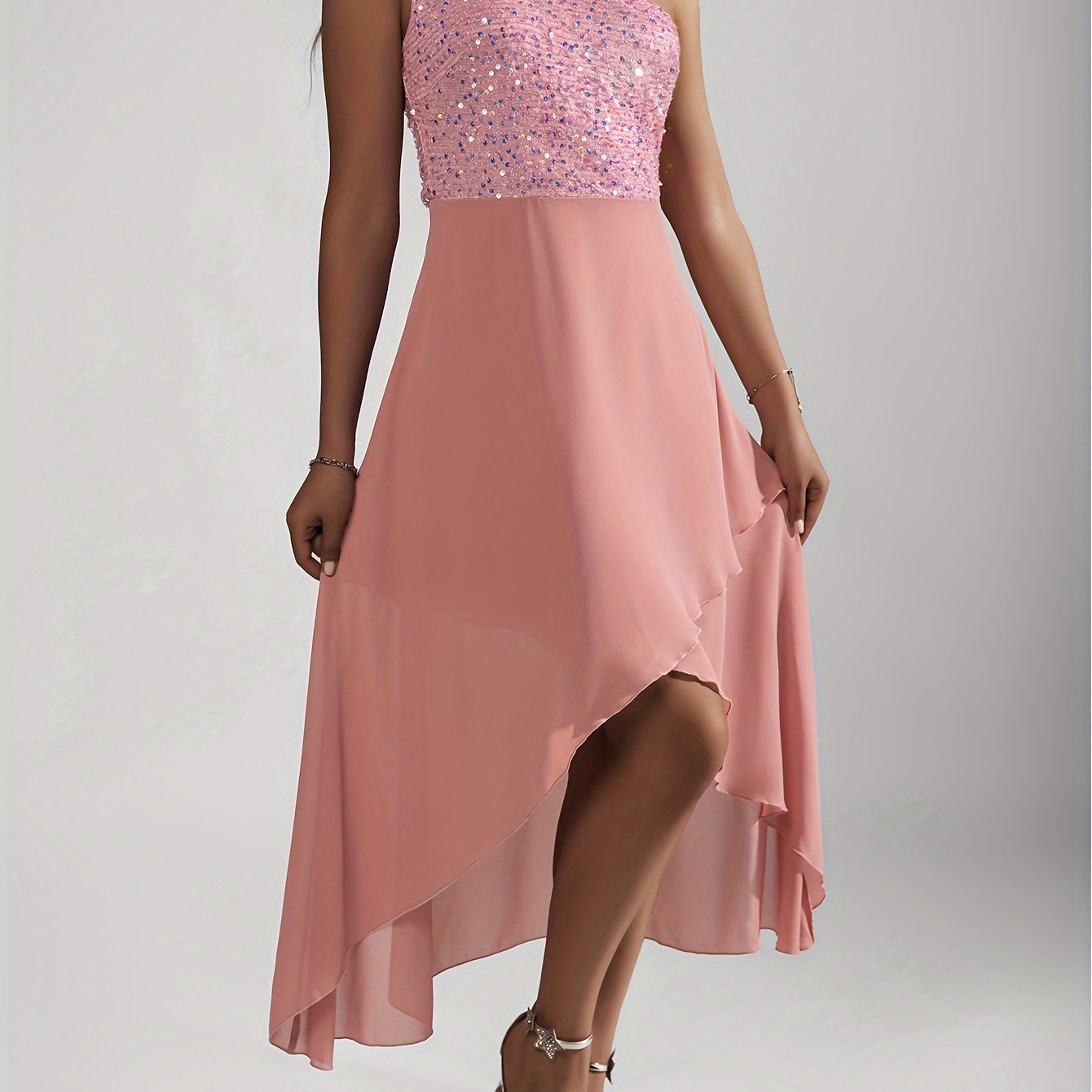 Sequin One-shoulder Tulip Dress, Elegant Sleeveless Dress For Party & Banquet, Women's Clothing