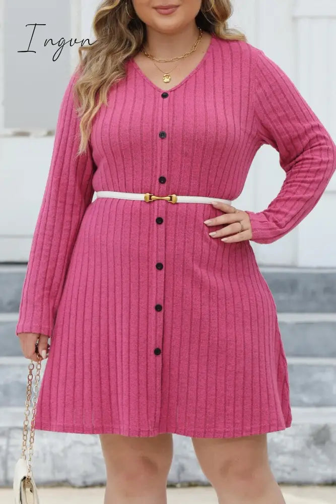 Ingvn - Casual Solid Patchwork V Neck Long Sleeve Plus Size Dresses (Without Belt)