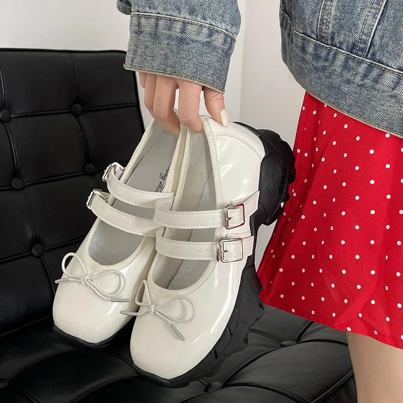 Ingvn  Chunky Women Mary Jane Shoes Fashion Elegant Shallow Butterfly-knot Shoes Ladies Outdoor Street Style Thick Heel Shoes