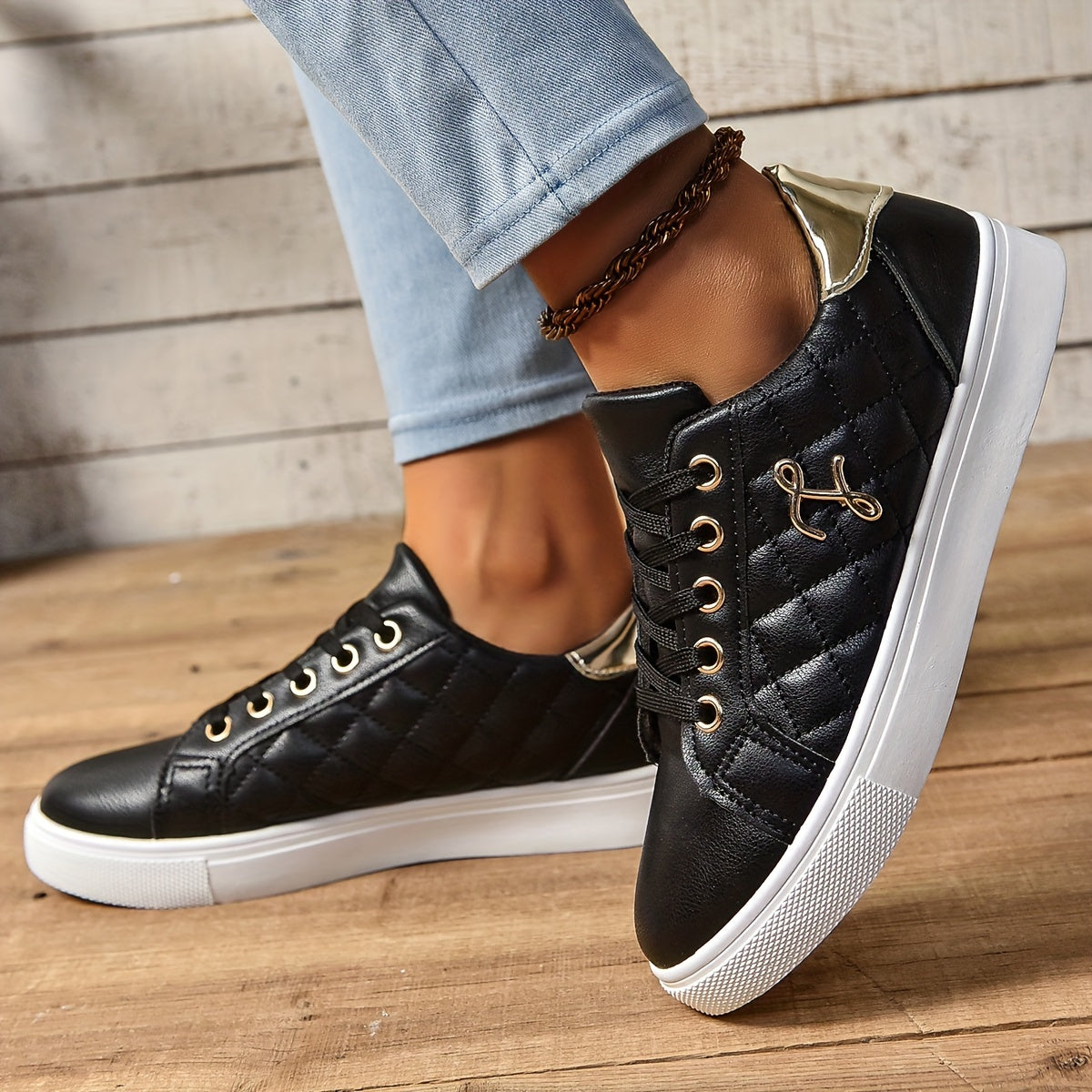Chic Quilted Sneakers for Women - Comfortable Low-Top Design with Lace-Up Closure, Metallic Accent and Soft Sole for Casual Wear