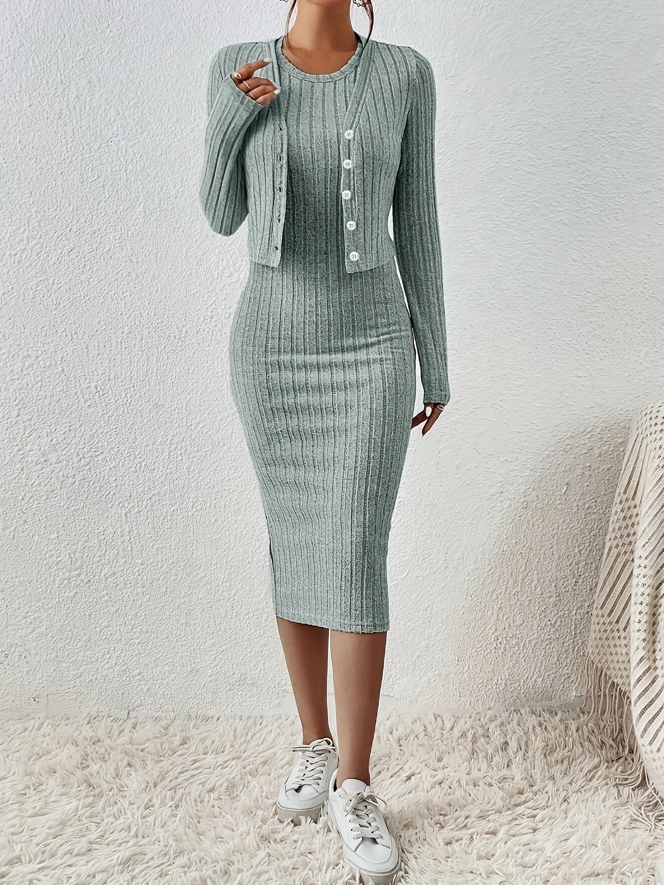 Chic Solid Two-Piece Set - Flattering Single-Breasted Cardigan & Sleeveless Bodycon Dress Outfit - Perfect for Casual or Formal Wear - Womens Fashion Clothing