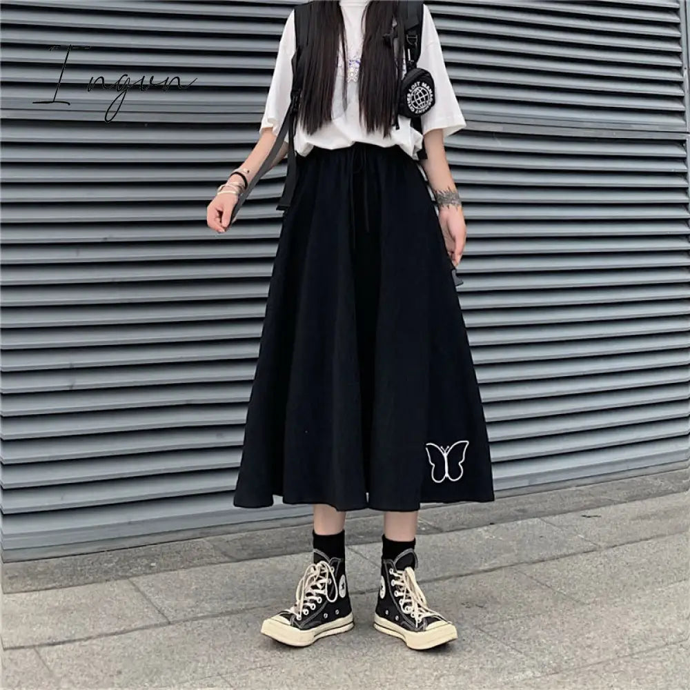 Ingvn - Spring/Autumn Women Skirts High Waist Student Korean Style Dark Vintage Ruffle Long A-line Skirts Women Fashion