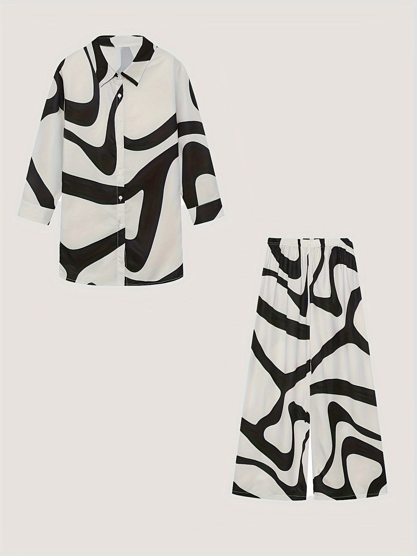 Long Sleeve Plus Size Two-piece Set, Geometric Print Buttons Shirts & Wide Leg Pants Outfits, Women's Clothing
