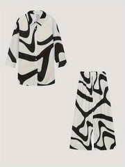 Long Sleeve Plus Size Two-piece Set, Geometric Print Buttons Shirts & Wide Leg Pants Outfits, Women's Clothing