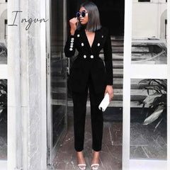 Ingvn - Summer Sets for Women New Navy Blue V Neck Long Sleeve Sexy 2 Piece Set Outfits High Quality Two Piece Set Suit