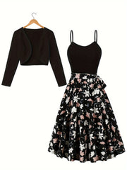 Seasonal Radiance, Elegant Floral Print Dress Set with Open Front Long Sleeve Cardigan & Tie-Waist Spaghetti Suspender Dress - Machine Washable, Polyester - Perfect for Spring/Fall