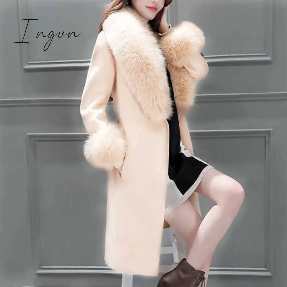 Ingvn - Fur Woolen Coat =New Women  Knee Mid-length Korean Fashion Big Fur Collar Beautiful Cloak Red Pink White Camel S To 3XL
