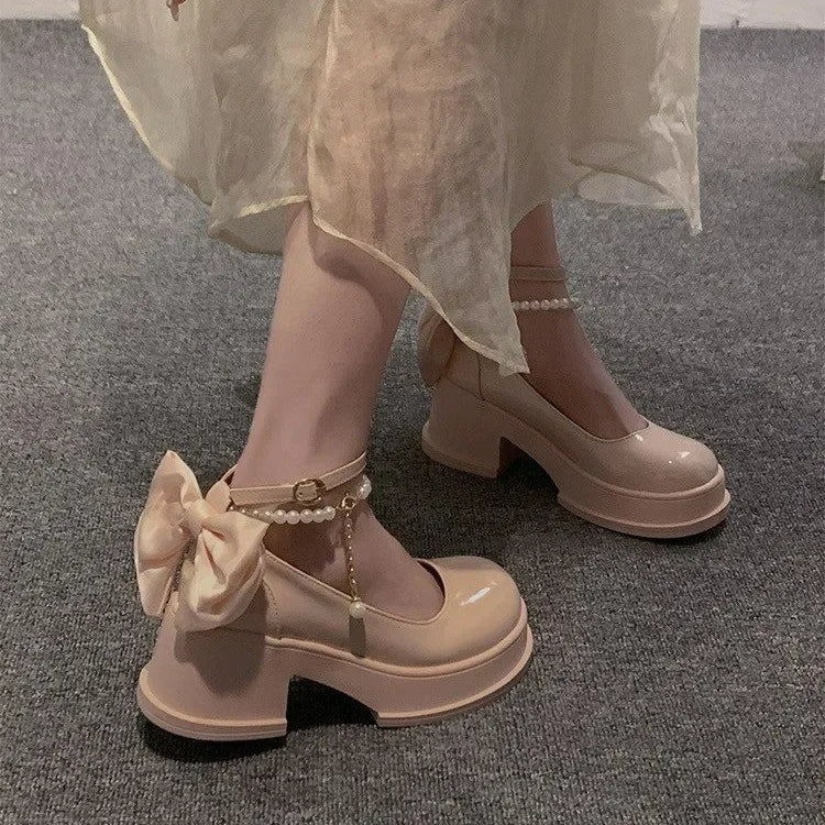 Fashionable Versatile Women's Shoes Spring New Style French Pearl Thick Heel Small Leather Shoes Polyamide Sole Rubber Upper