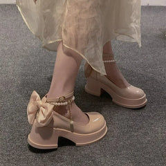 Fashionable Versatile Women's Shoes Spring New Style French Pearl Thick Heel Small Leather Shoes Polyamide Sole Rubber Upper