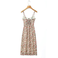 Sexy Elegant Women O Neck Thin Straps Floral Print Dress Vintage High Waist A-line Midi Holiday Summer Dresses Party Robe